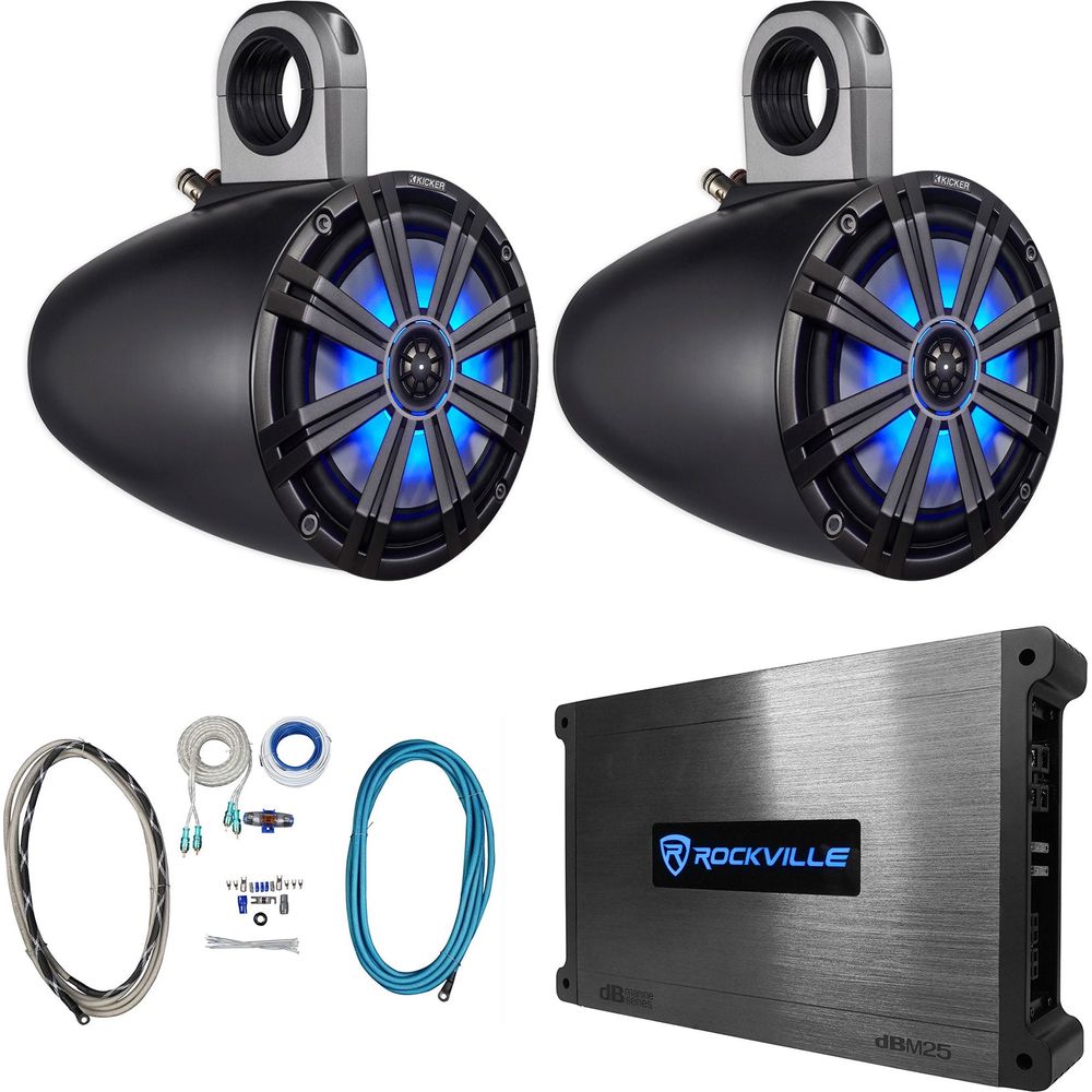 KM8 8" 600W Wakeboard Tower Speakers, Black Enclosures & Amplifier