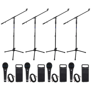(4) Rockville RMM-XLR Dynamic Cardioid Pro Metal Microphones w/XLR Cables+Stands
