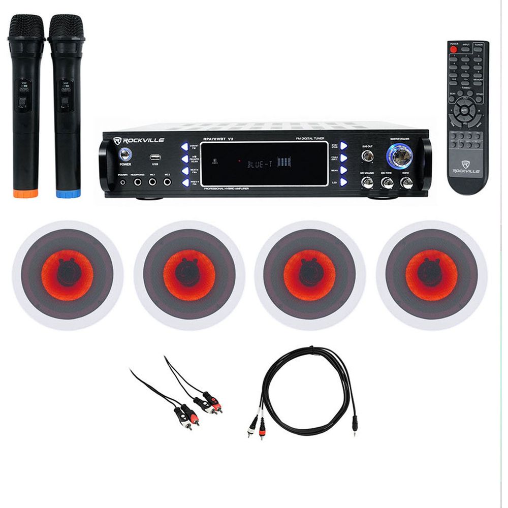 Bluetooth Karaoke Amplifier Receiver+(4) 6.5" LED Ceiling Speakers+Mics
