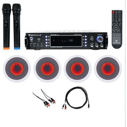 Bluetooth Karaoke Amplifier Receiver+(4) 6.5" LED Ceiling Speakers+Mics