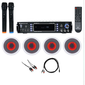 Rockville Bluetooth Karaoke Amplifier Receiver+4) 6.5" LED Ceiling Speakers+Mics