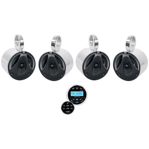 (4) MTX 6.5" 150w Silver Marine Boat Wakeboard Tower Speakers+Bluetooth Receiver
