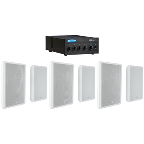 Crown Commercial Amplifier+(6) Slim White Wall Speakers for Restaurant/Bar/Cafe