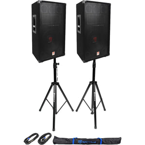 (2) Rockville RSG12 12” 3-Way 1000 Watt 8 Ohm Passive DJ PA Speaker +Stands +Cables
