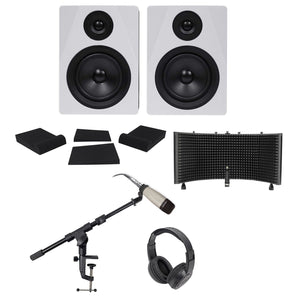 2 Rockville 5.25" 250w Powered Studio Monitors+Mic+Headphones+Stand+Shield+Pads