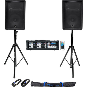 (2) JBL JRX212 1000 Watt 12" DJ PA Speakers+Powered 4-Ch. Mixer+Stands+Cables