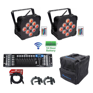 (2) Rockville BEST PAR 60 Rechargable Wash Lights w/ Wireless DMX+Bag+Controller