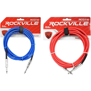 2 Rockville 10'  1/4" TS to 1/4'' TS Guitar/Instrument Cable (Red and Blue)