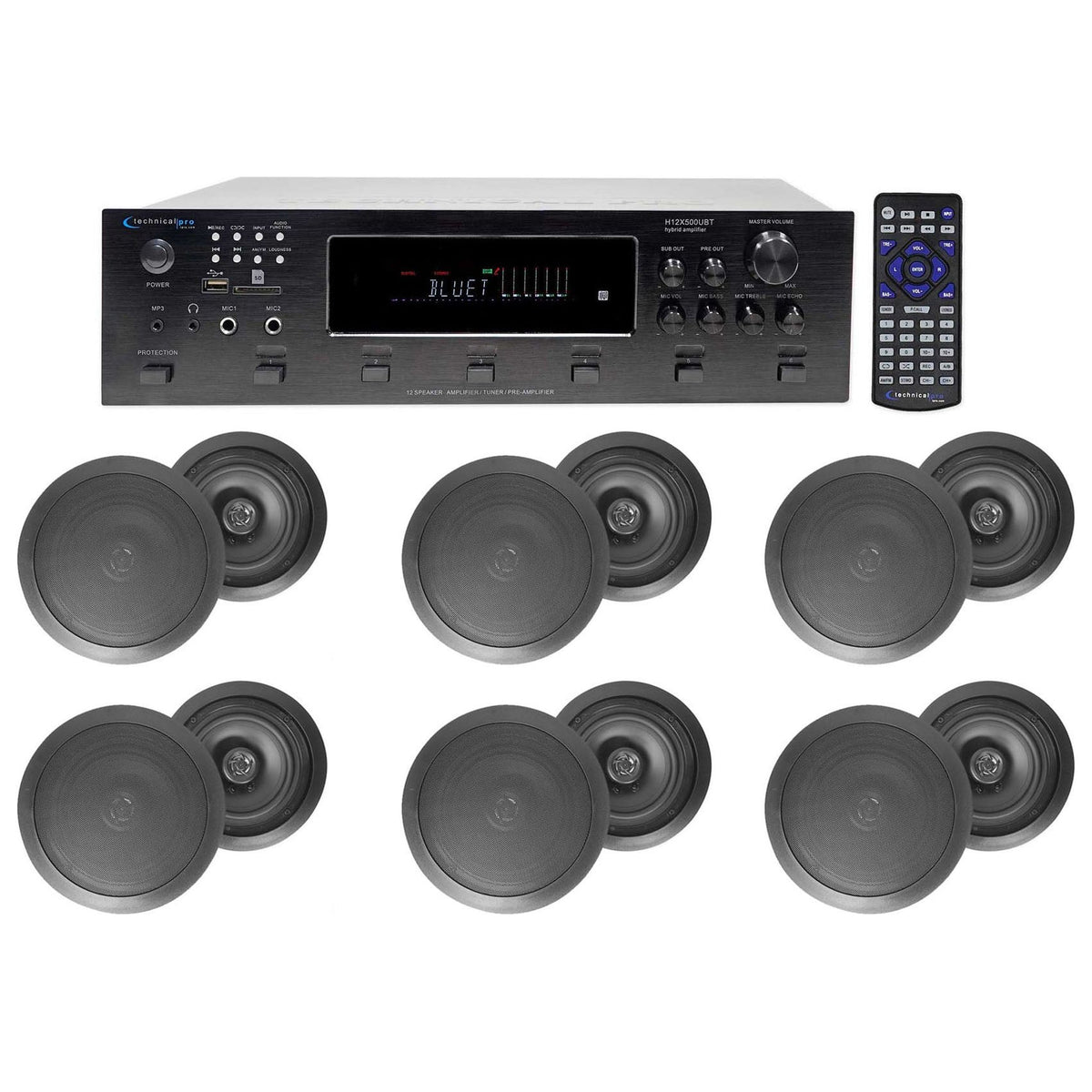 H12X500UBT 6-Zone Receiver + (12) Black 8 In Ceiling Speakers