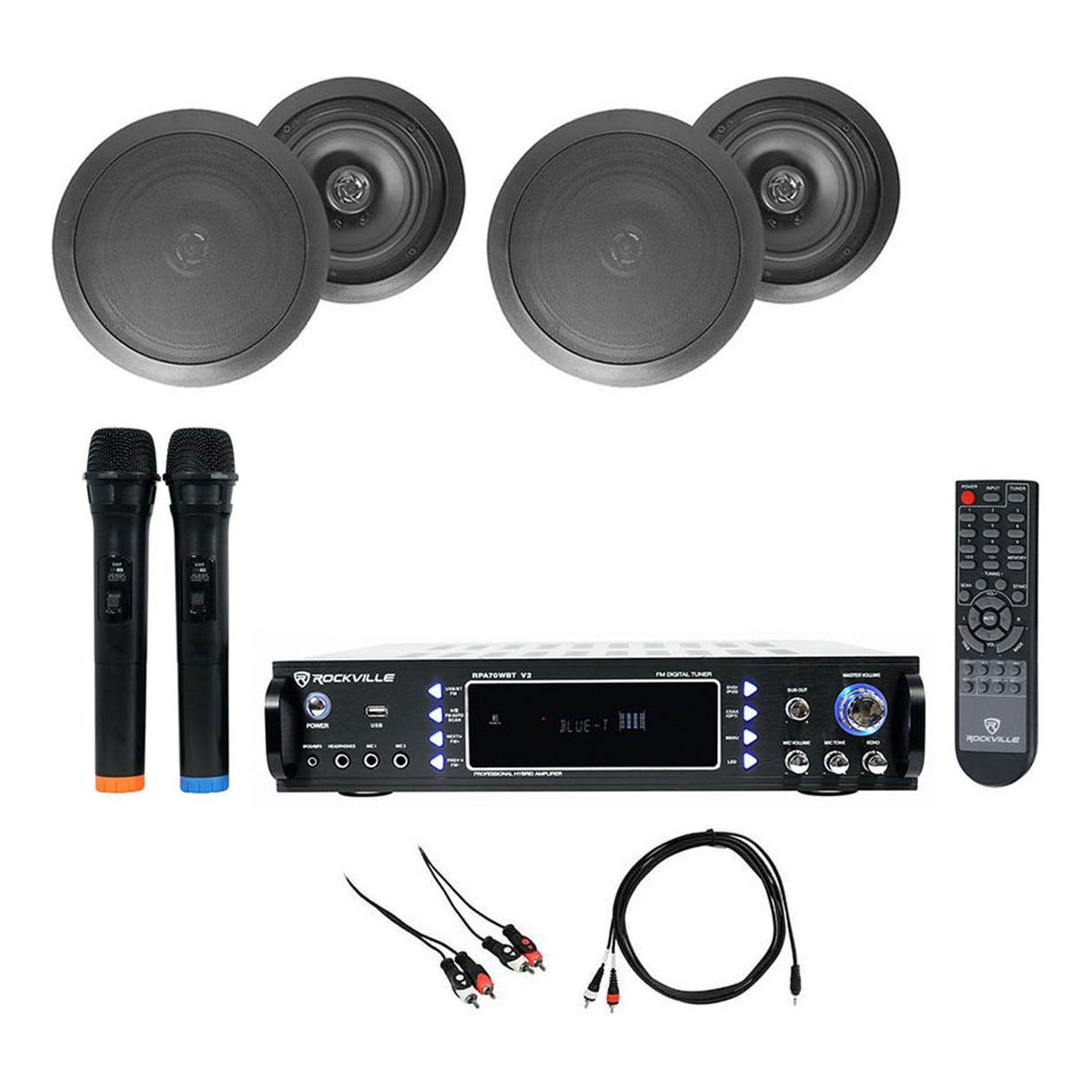 RPA70WBT Bluetooth Karaoke Amplifier+(4) 8" Black Ceiling Speakers+Mics