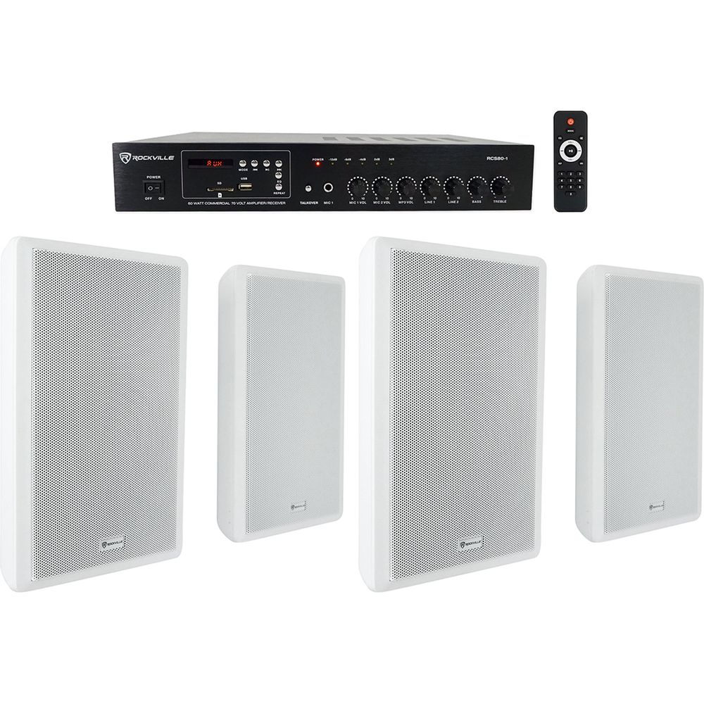 RCS80-1 60W Amplifier + RockSlim 70W White Wall Speakers 4-Pack Bundle