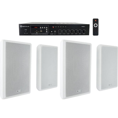RCS80-1 60W Amplifier + RockSlim 70W White Wall Speakers 4-Pack Bundle