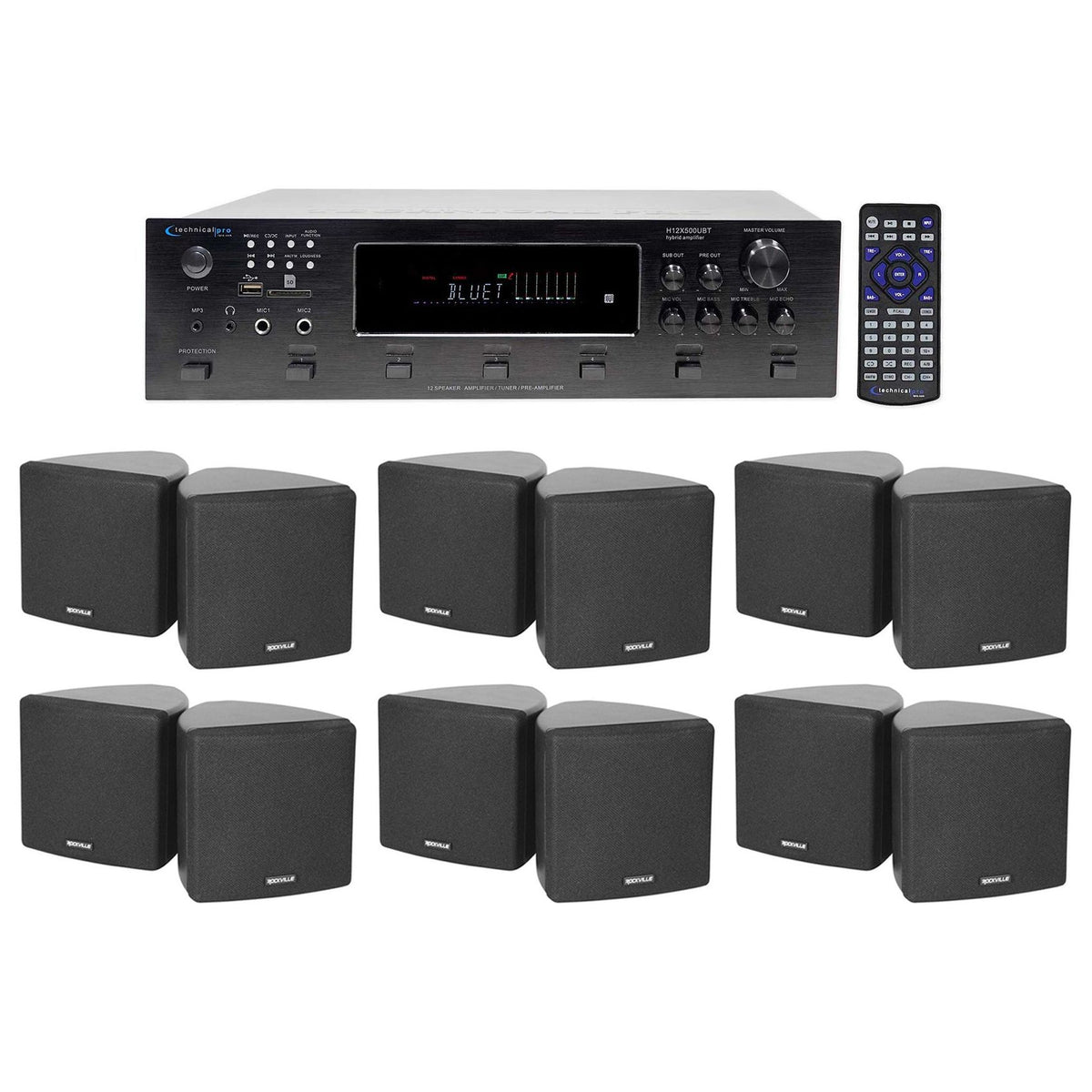 H12X500UBT 6-Zone Receiver & 6x Cube Black 3.5" Speaker Bundle