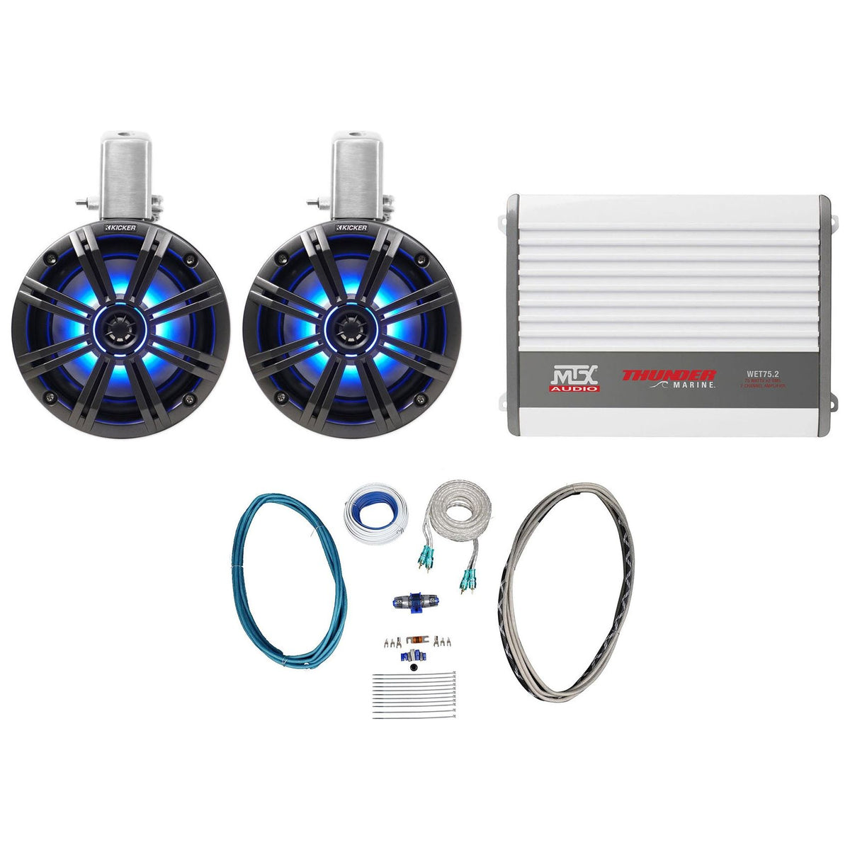45KMTC65 6.5" LED Tower Speakers + WET75.2 Amplifier + RMWK8 Wire Kit