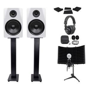 (2) Rockville DPM8W 8" 600w Active Studio Monitors+Stands+Headphones+Mic+Shield