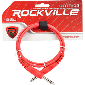 Rockville RCTR103R 3' 1/4'' TRS to 1/4'' TRS Balanced Cable, Red, 100% Copper
