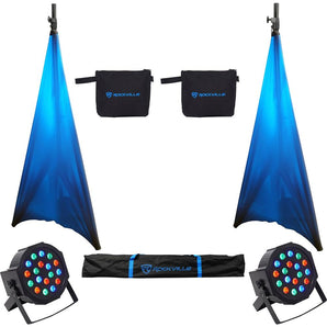 (2) Rockville Tripod DJ PA Speaker Stands+Carry Case+Scrims+(2) RGB Par Lights