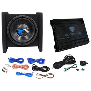 Rockville RV8.1A 400w 8" Loaded Car Subwoofer Enclosure+Mono Amplifier+Amp Kit
