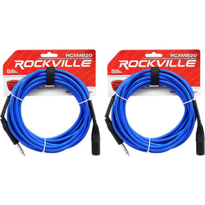 2 Rockville RCXMB20-BL Blue 20' Male REAN XLR to 1/4'' TRS Balanced Cables