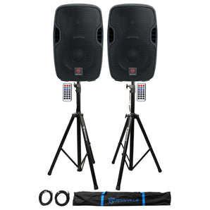 2) Rockville BPA10 10" Powered 400W DJ PA Speakers w/Bluetooth+Stands+Cables+Bag