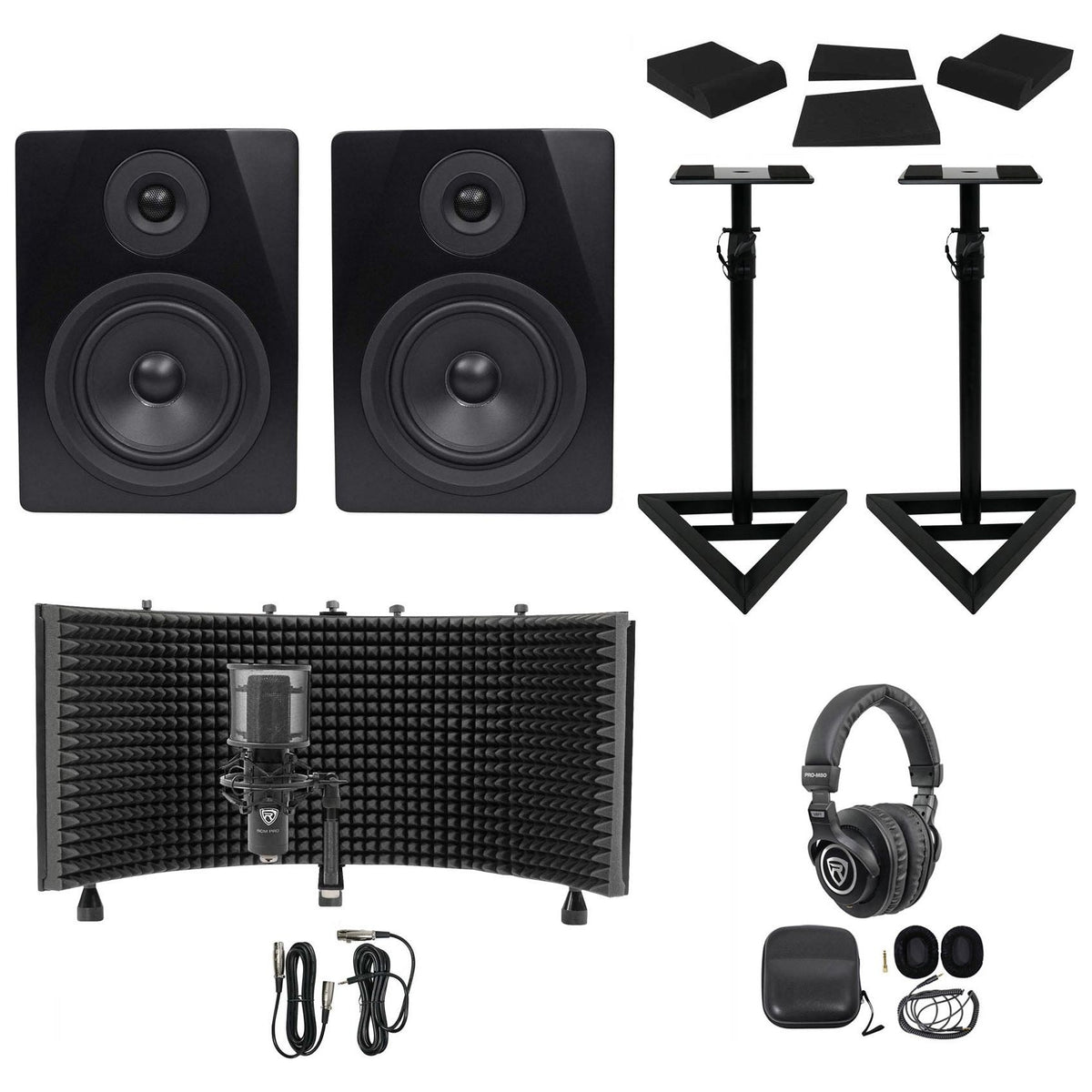 (2) APM5B 5.25" Active Studio Monitors + Stands + Mic + Headphones + Iso Shield