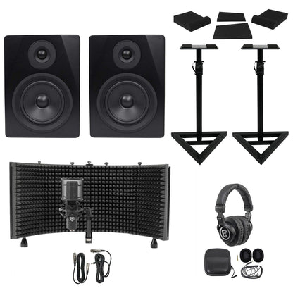 (2) APM5B 5.25" Active Studio Monitors + Stands + Mic + Headphones + Iso Shield