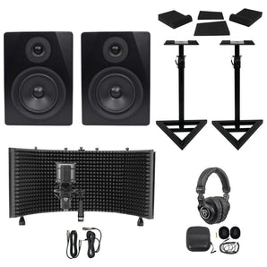 2) Rockville APM5B 5.25" Active Studio Monitors+Stands+Mic+Headphones+Iso Shield