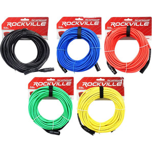 5 Rockville 50' Female to Male REAN XLR Mic Cable 100% Copper (5 Colors)
