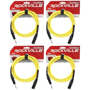 4 Rockville RCXMB10-Y Yellow 10' Male REAN XLR to 1/4'' TRS Balanced Cables