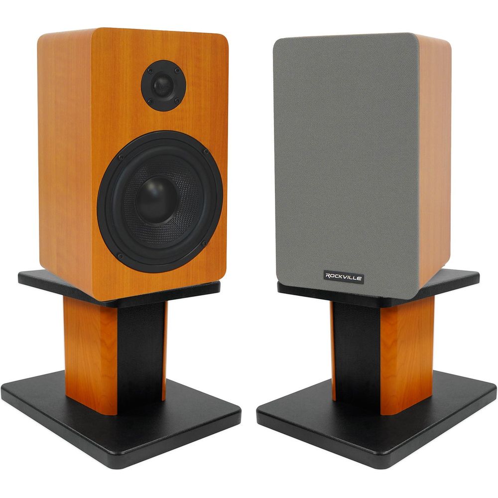 RockShelf 58C Wood 5.25" Home Bookshelf Speakers+8" Wood Stands