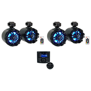 Rockville RGHR-ZA 4 Zone Marine Bluetooth Stereo+Black Wakeboard Speakers w/LEDs