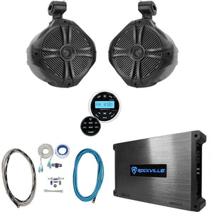 (2) Rockville RWB90B Black 8" Marine Wakeboard Swivel Speakers+Amp+Receiver