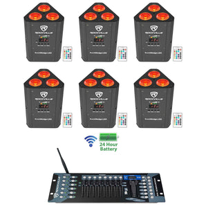 (6) Rockville RockWedge LED Battery Powered Par Lights+Wireless DMX Controller