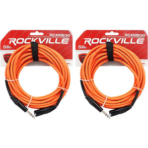 2 Rockville RCXMB30-O Orange 30' Male REAN XLR to 1/4'' TRS Balanced Cables