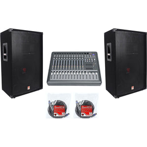 (2) Rockville RSG15 15” 3-Way 3000w DJ/Pro Audio PA Speakers+14-Ch Mixer+Cables