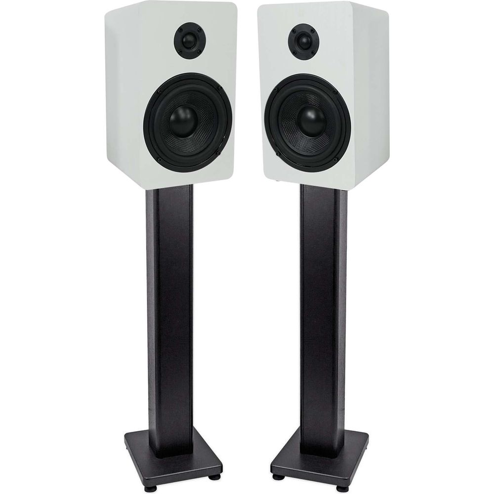 RockShelf 54W White 5.25" Home Bookshelf Speakers + 36" Stands