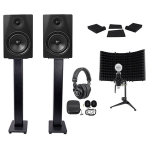 2) Rockville DPM6B 6.5" 420w Active Studio Monitors+Stands+Headphones+Mic and Shield