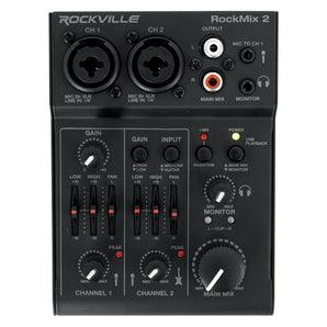 Rockville RockMix 2 Channel Mic/Instrument Pro Recording Mixer+USB Interface/EQ