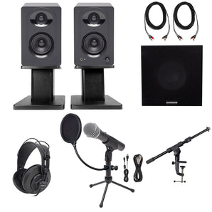 2 Samson M30 Podcasting Podcast Recording Monitors+Stands+Sub+Headphones+USB Mic