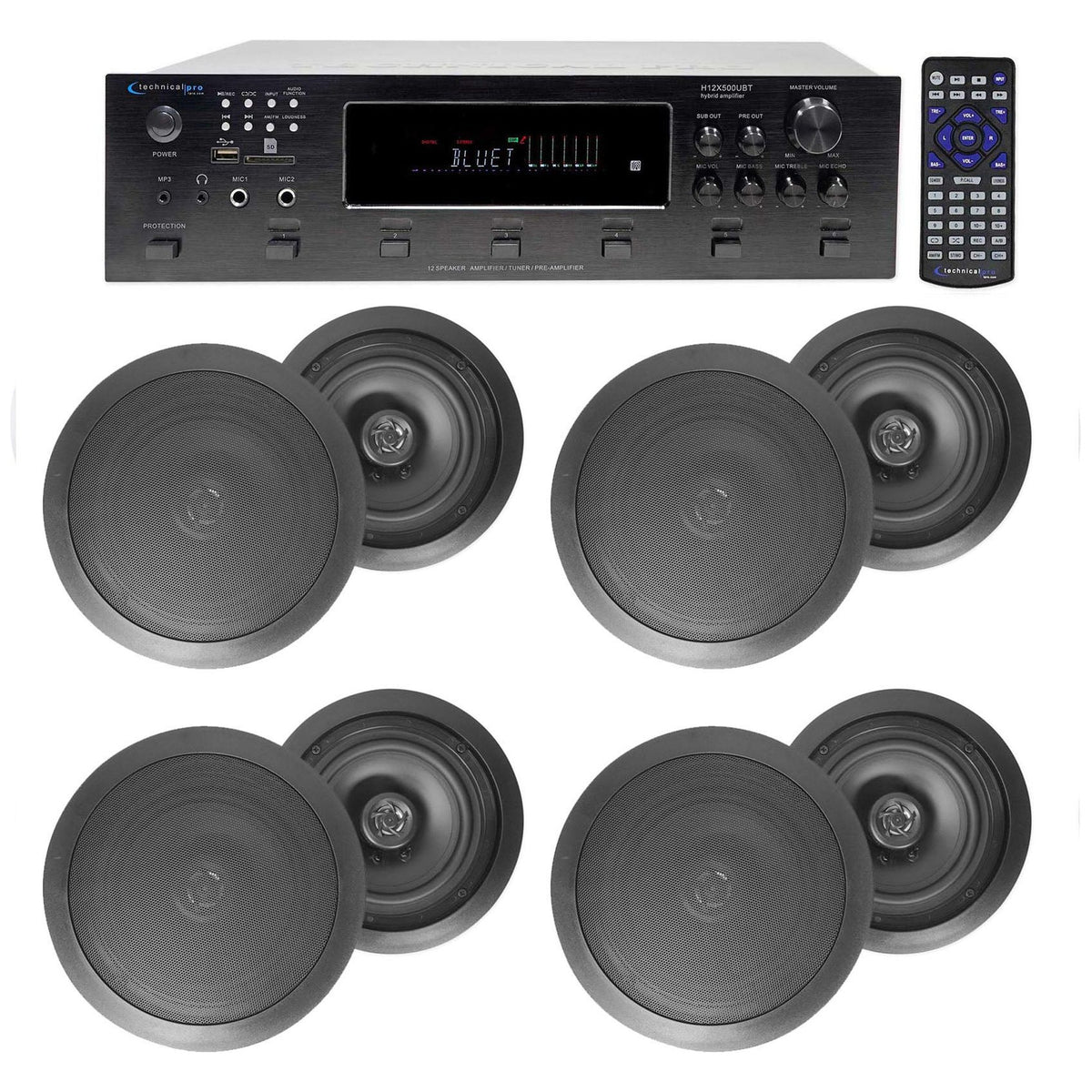 H12X500UBT 6-Zone Receiver & 4x HC85 Black 8" Speaker Bundle