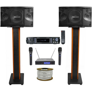 Pair Rockville KPS80 Karaoke/Pro Speakers+Bluetooth Amp+36" Stands+Wireless Mics + Rockville R14GSBR100 Red/Blk 14 Gauge 100' Ft. Mini Spool Car Audio Speaker Wire