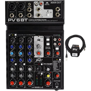 Peavey PV 6BT PV6BT Pro Audio Mixer, 2 Mic In, Bluetooth/USB/Compressor/FX+Cable