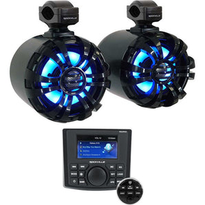 Rockville RGHR45 4 Zone Marine Receiver w/Bluetooth+(2) Black LED Tower Speakers