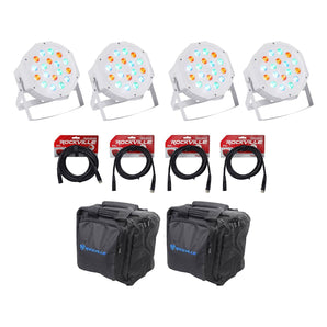 (4) Rockville RockPAR50 WHT LED RGB Par Can DJ/Club DMX Wash Lights+Cables+Bags